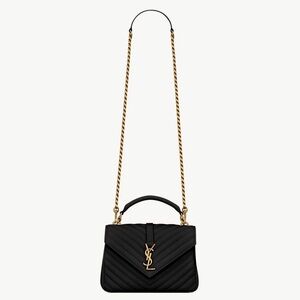 Authentic Yves Saint Laurent Black College Medium Quilted Bag with Gold Accents